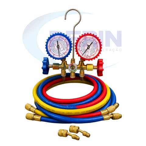 Conjunto Manifold AGT R22 R134a R410A R404 com Mangueiras 90cm e 2 Adaptadores R410A