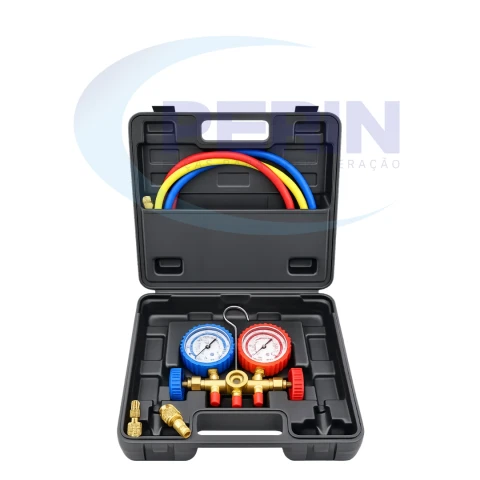 Conjunto Manifold AGT R22 R134a R410A R404 com Mangueiras 90cm, Maleta e 2 Adaptadores R410A
